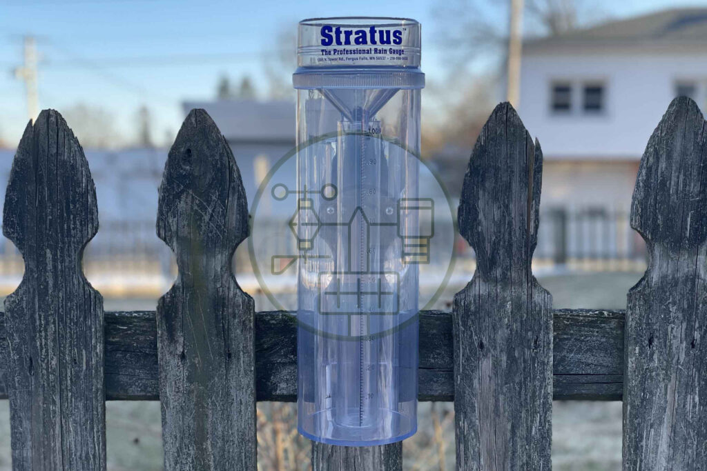 stratus rain gauge mounted on fence