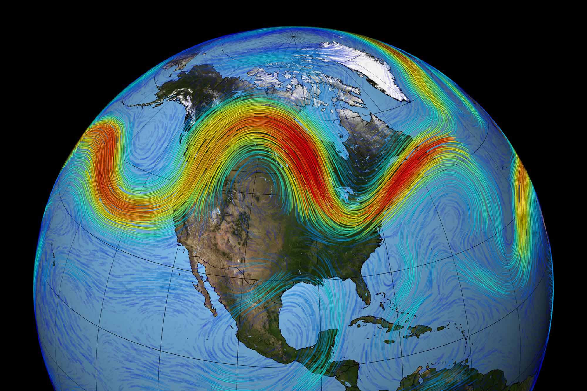 Colorful jet stream visualization over Earth's Western Hemisphere.
