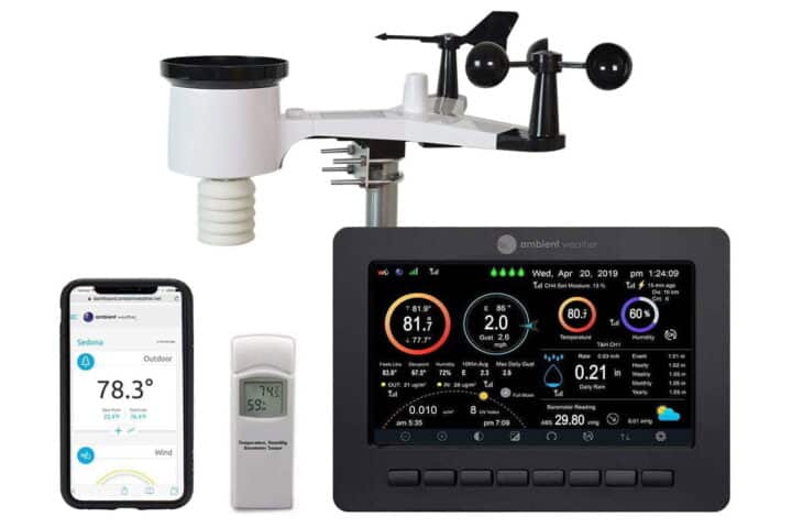 Anzeige der Geräte der Heim-Wetterstation, einschließlich Sensoren und Monitor.