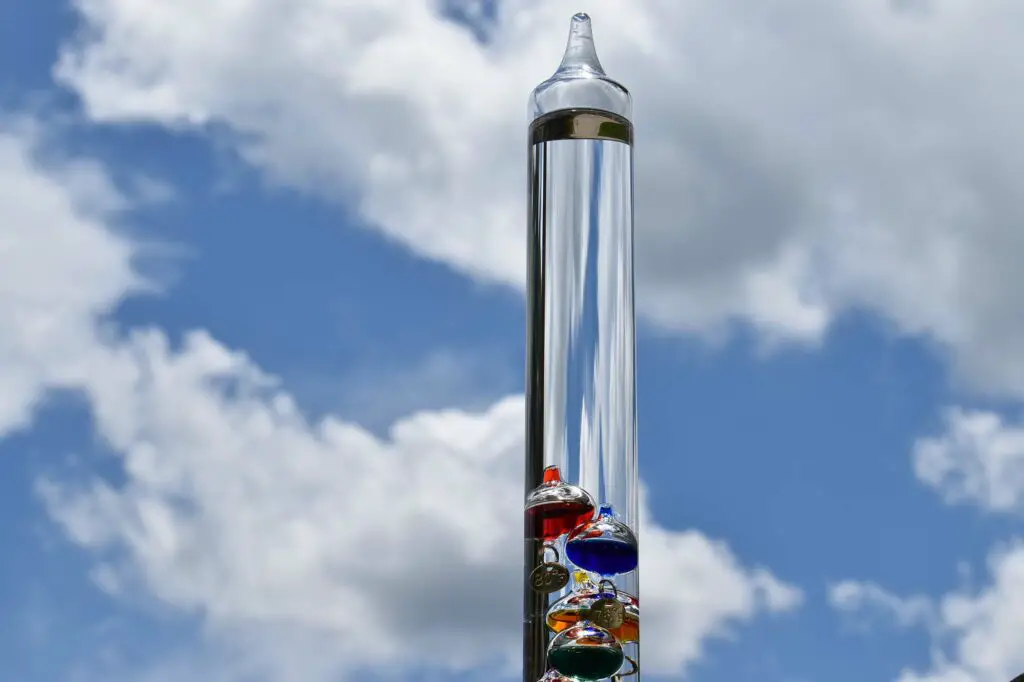 galileo thermometer with blue sky