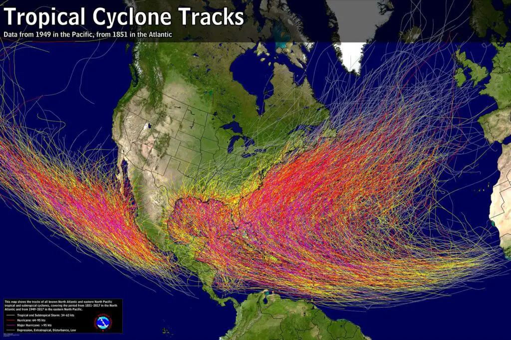 Trajectoires des cyclones tropicaux 1851-2017