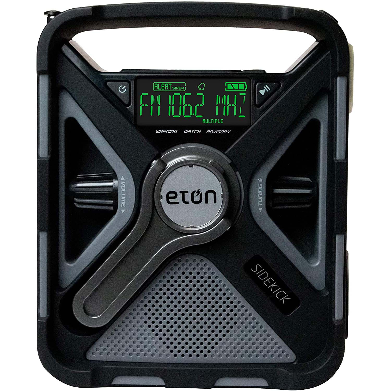Radio meteorológica de emergencia Eton Sidekick con pantalla digital.