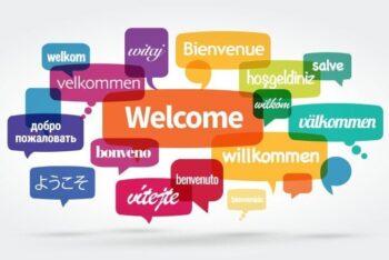 Messages de bienvenue multilingues dans des bulles graphiques.