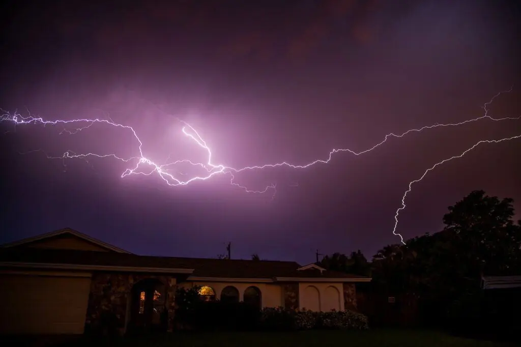 Lightning at night over a house in Melbourne, Florida.