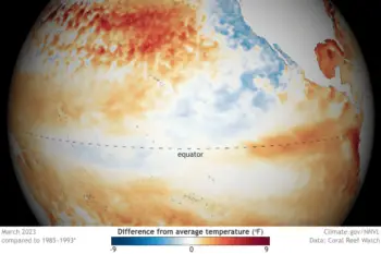 Grafika przedstawiająca el nino pod względem odchyleń od średniej temperatury powierzchni morza na Pacyfiku.