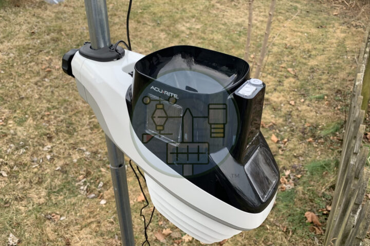 acuriteatlas Outdoor weather station with sensors and solar panel.